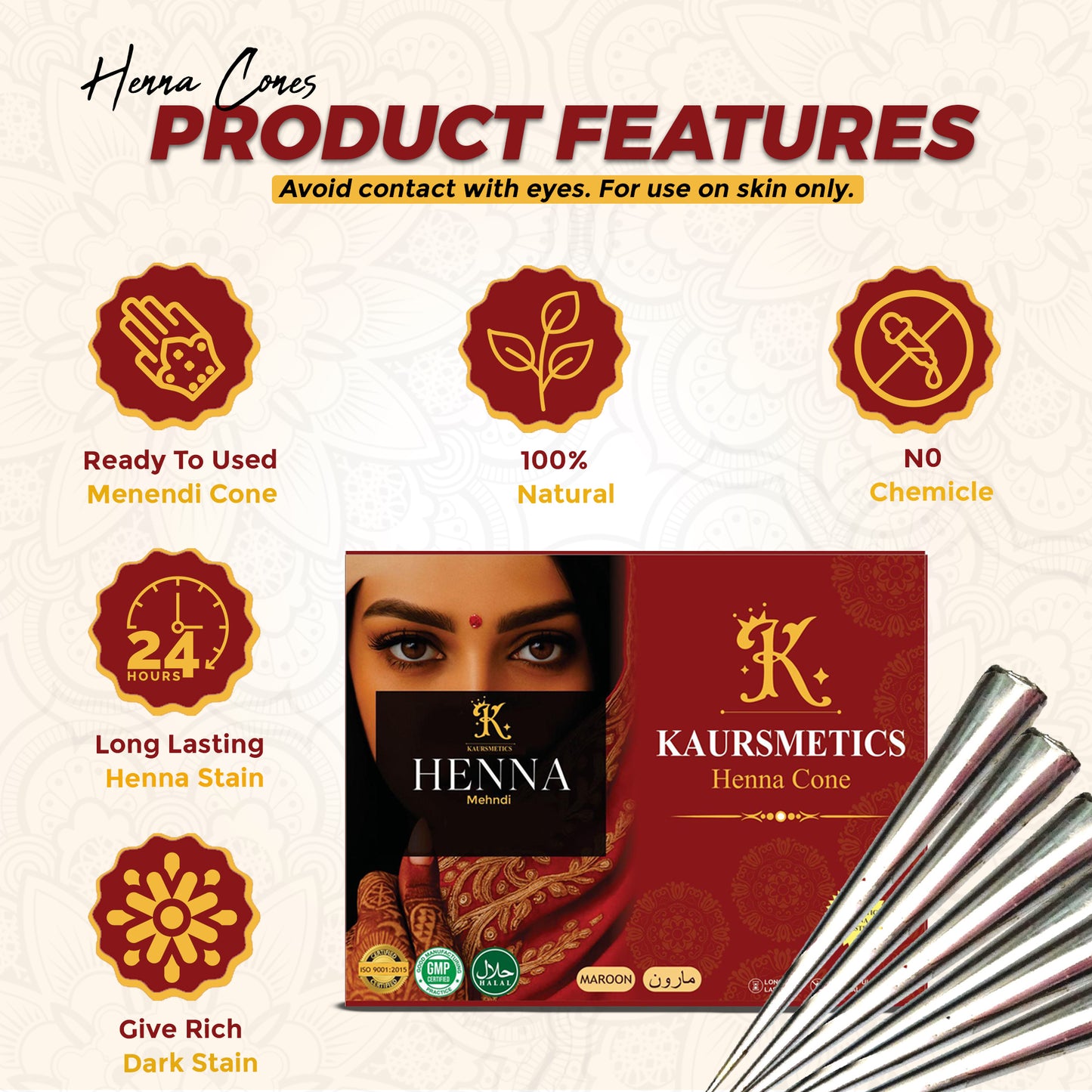 Karamjot All-Natural Henna Cones for Hands & Body – Chemical-Free Mehndi with Herbal Ingredients (Pack of 4)
