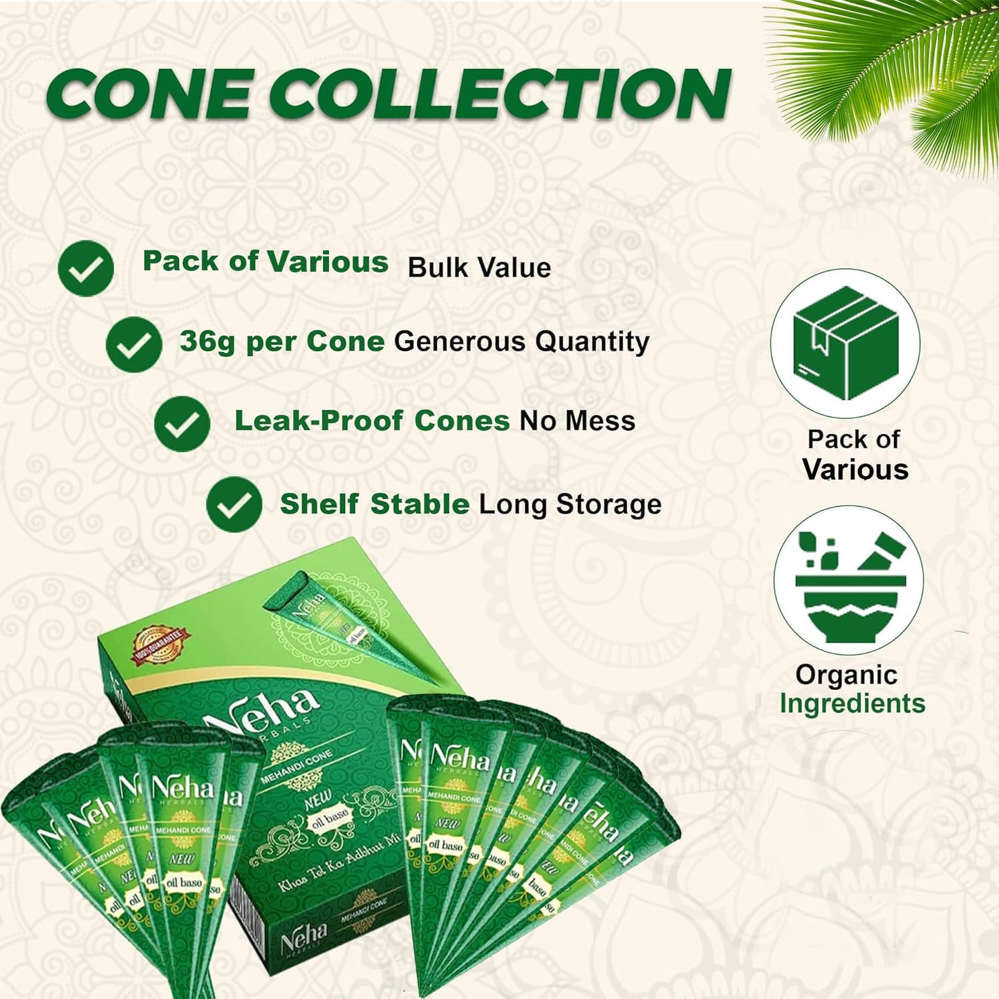 Neha Herbal Henna Cones – 100% Natural Mehndi for Hands & Body Art (Box of 12)