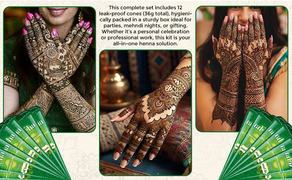 Natural Henna Cones – Pack of 6| Chemical-Free Mehndi Paste for Deep Dark Stain | Organic, Skin-Safe, PPD-Free
