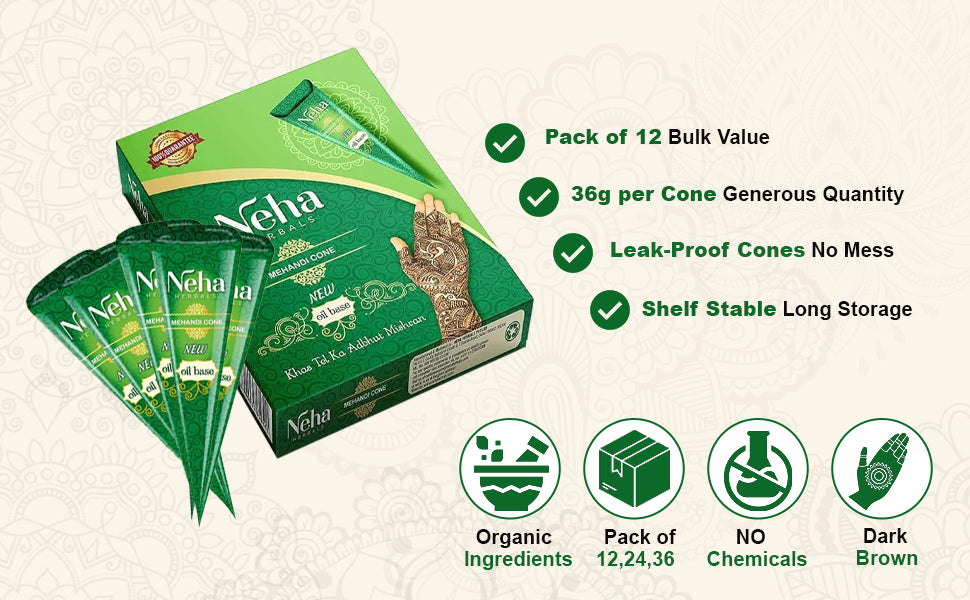 Natural Henna Cones – Pack of 6| Chemical-Free Mehndi Paste for Deep Dark Stain | Organic, Skin-Safe, PPD-Free