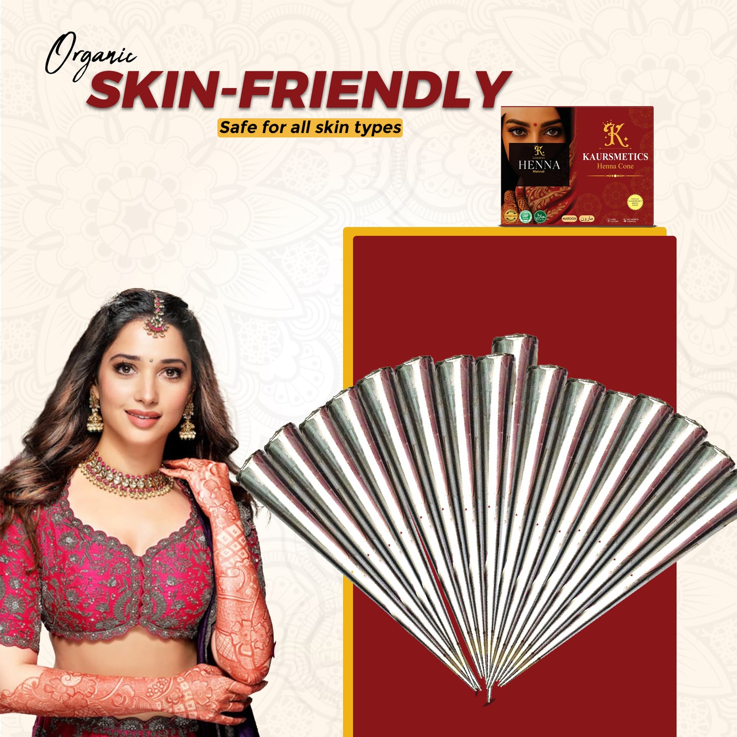 All-Natural Henna Cones for Hands & Body – Chemical-Free Mehndi with Herbal Ingredients (Pack of 12)