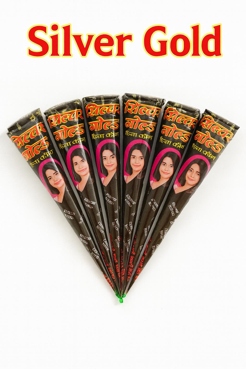 Silver Gold XL Henna Cones – Pack of 6 | Long-Lasting Natural Mehandi