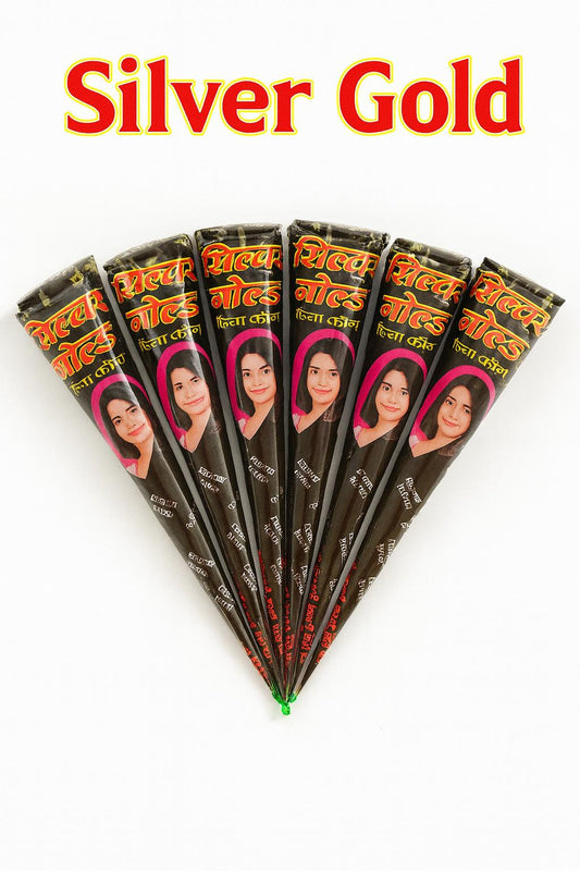 Silver Gold XL Henna Cones – Pack of 6 | Long-Lasting Natural Mehandi