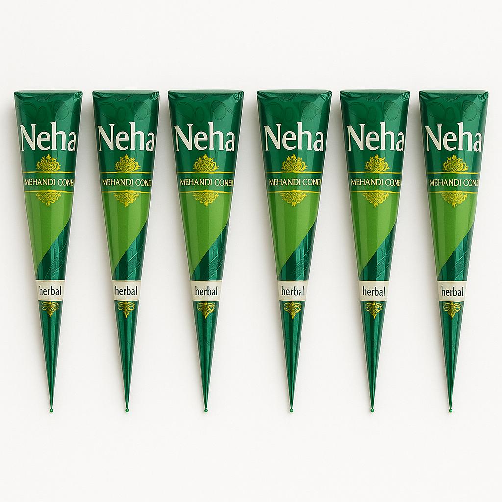 Natural Henna Cones – Pack of 6| Chemical-Free Mehndi Paste for Deep Dark Stain | Organic, Skin-Safe, PPD-Free