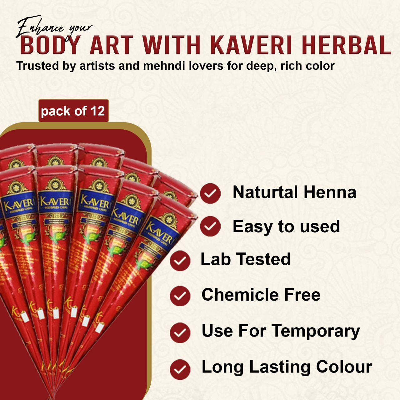 Kaveri Mehendi Cone Pack of 12 – 100% Natural Henna