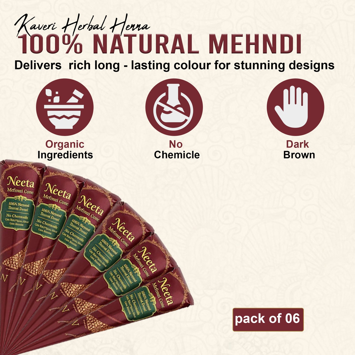 Neeta Mehndi Cones – Set of 6 | 100% Natural Henna | No Chemicals, Safe for Hands & Body