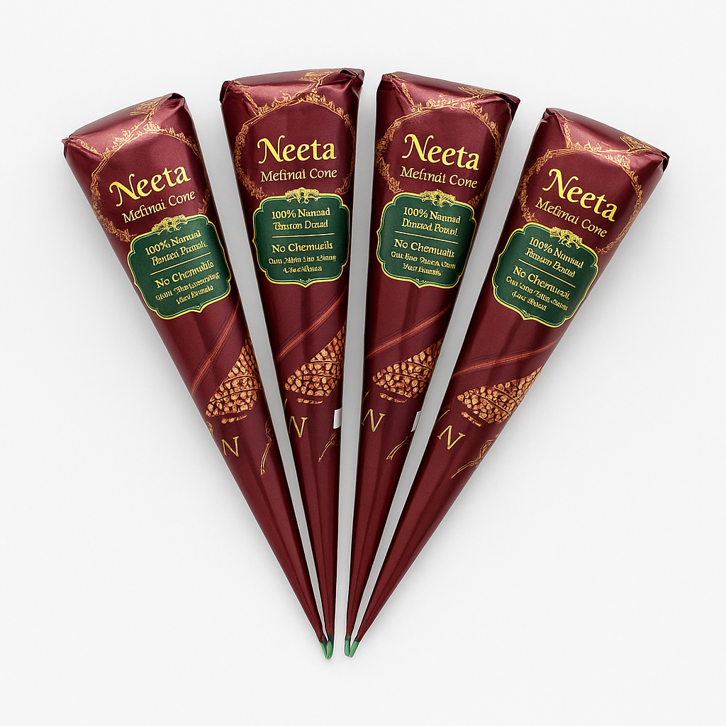 Neeta Natural Henna Cones – Pack of 4 | 100% Herbal Mehndi | Long-Lasting Color & Chemical-Free