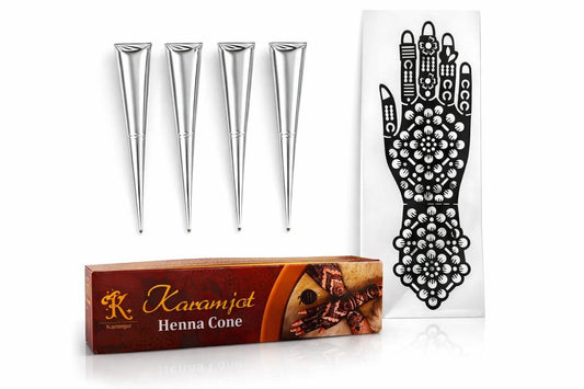 Karamjot All-Natural Henna Cones for Hands & Body – Chemical-Free Mehndi with Herbal Ingredients (Pack of 4)