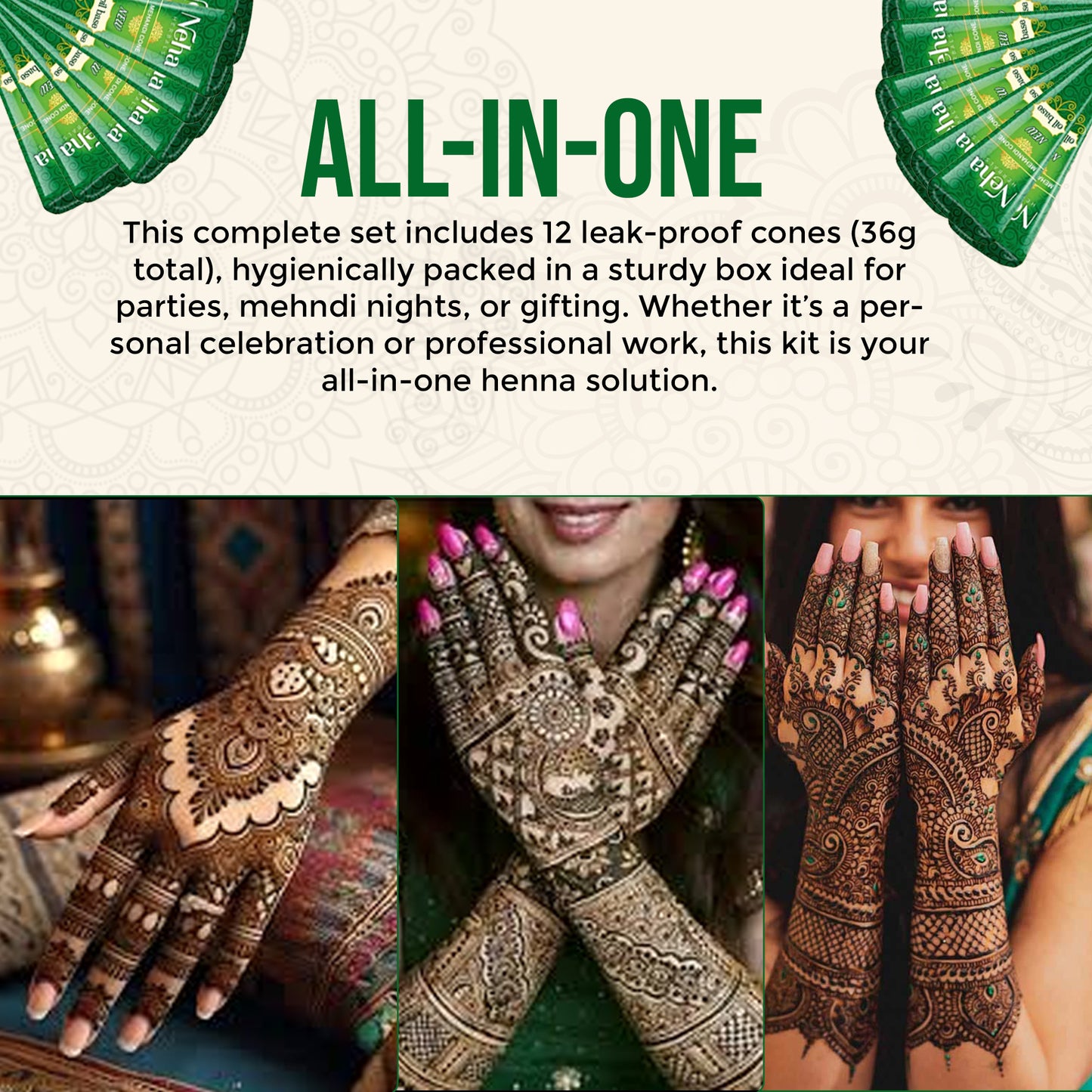 Natural Henna Cones – Pack of 6| Chemical-Free Mehndi Paste for Deep Dark Stain | Organic, Skin-Safe, PPD-Free