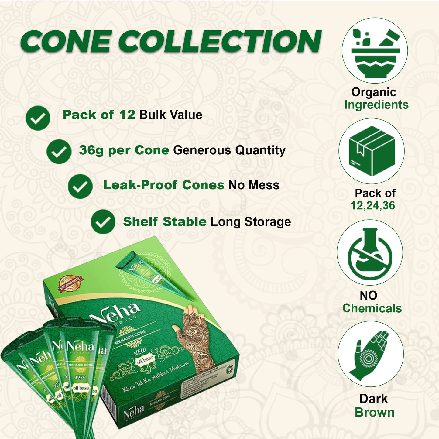 Natural Henna Cones – Pack of 6| Chemical-Free Mehndi Paste for Deep Dark Stain | Organic, Skin-Safe, PPD-Free