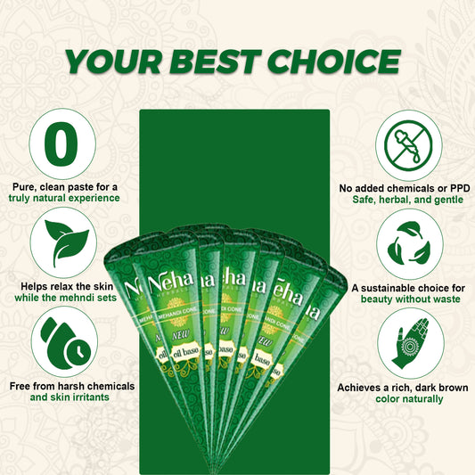 Natural Henna Cones – Pack of 6| Chemical-Free Mehndi Paste for Deep Dark Stain | Organic, Skin-Safe, PPD-Free