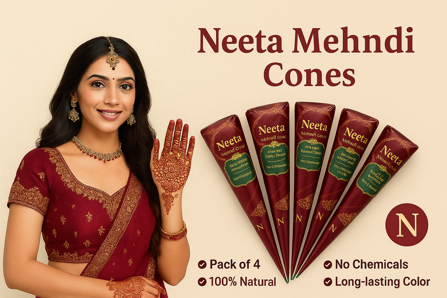 Neeta Natural Henna Cones – Pack of 4 | 100% Herbal Mehndi | Long-Lasting Color & Chemical-Free