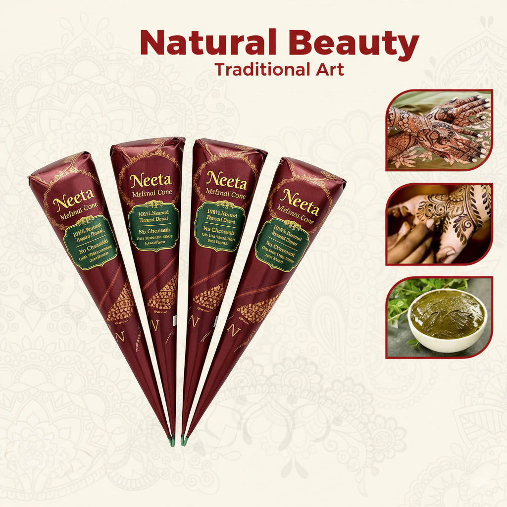 Neeta Natural Henna Cones – Pack of 4 | 100% Herbal Mehndi | Long-Lasting Color & Chemical-Free