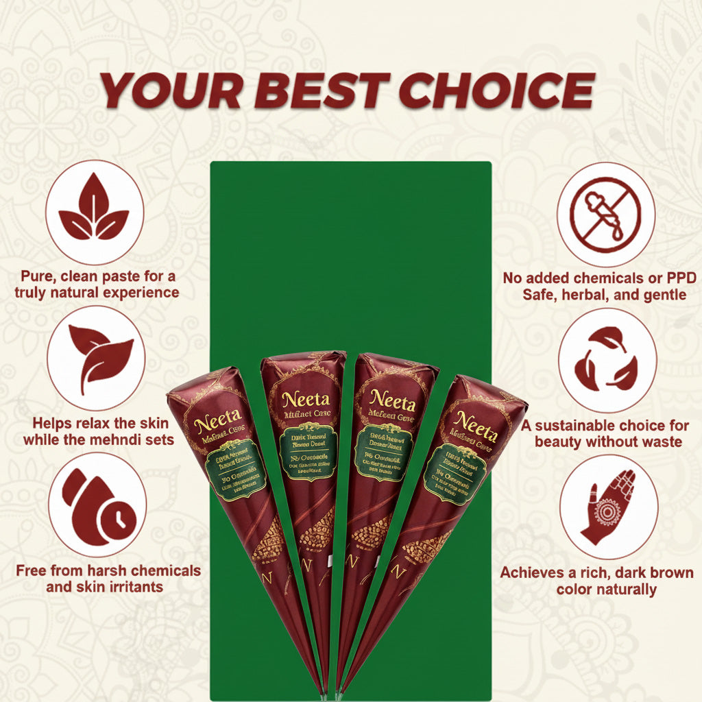 Neeta Natural Henna Cones – Pack of 4 | 100% Herbal Mehndi | Long-Lasting Color & Chemical-Free