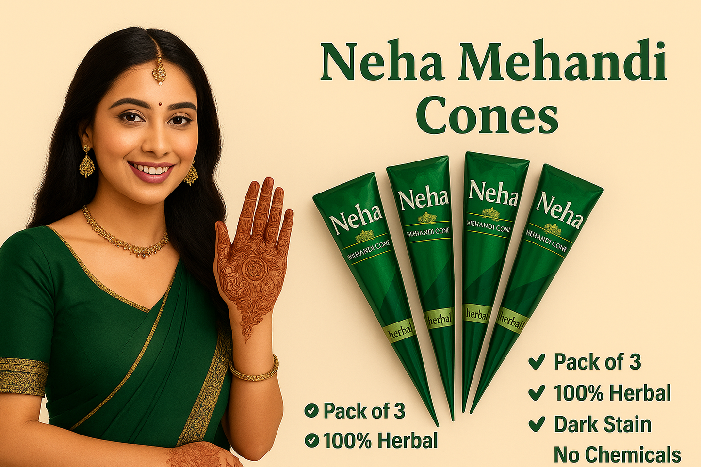 Neha Henna Cones – 100% Natural Mehndi for Hands & Body Art (Pack of 3)