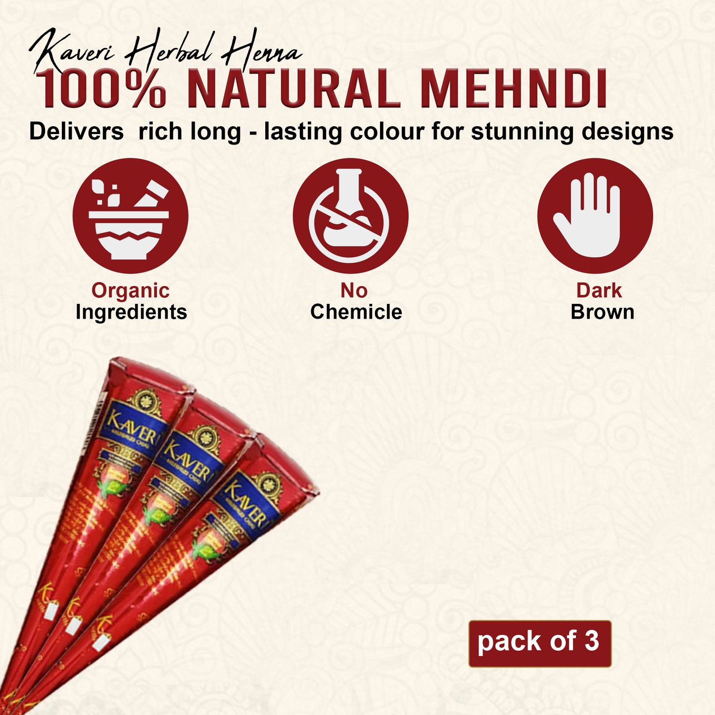 Kaveri Mehendi Cone Pack of 3 – 100% Natural Henna | Deep Rich Color
