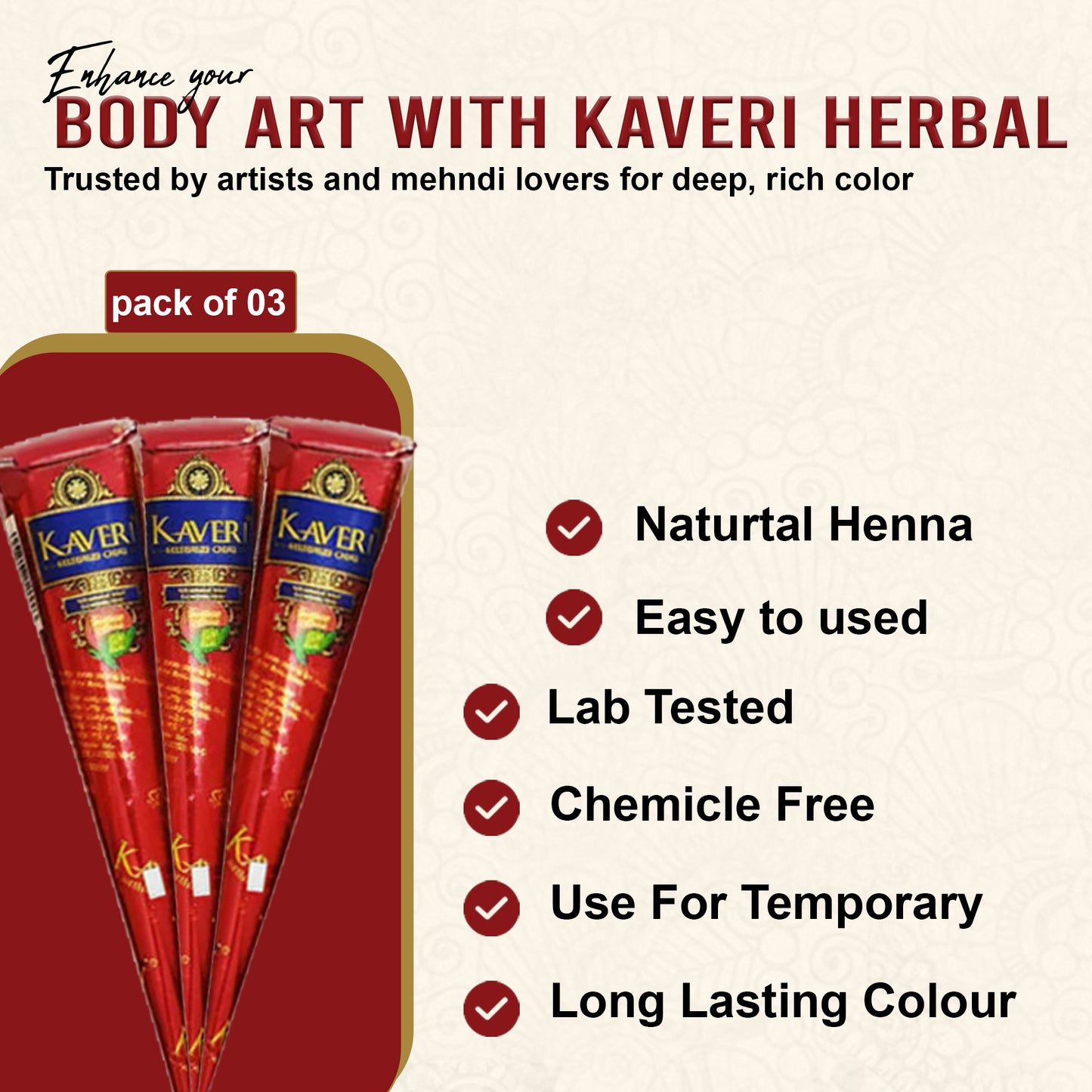 Kaveri Mehendi Cone Pack of 3 – 100% Natural Henna | Deep Rich Color