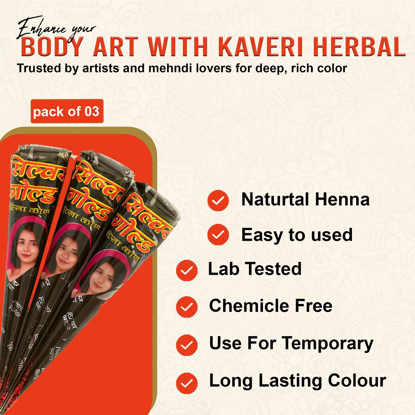 Silver Gold XL Henna Cones – Pack of 3 | Deep Color & Natural Mehandi