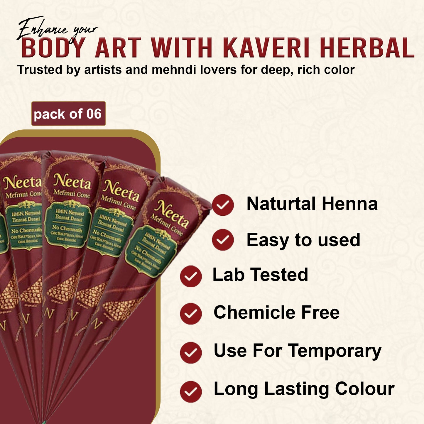 Neeta Mehndi Cones – Set of 6 | 100% Natural Henna | No Chemicals, Safe for Hands & Body