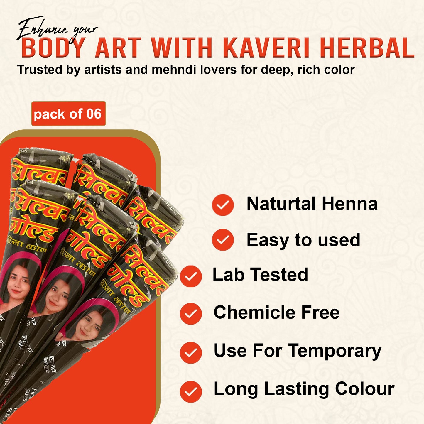 Silver Gold XL Henna Cones – Pack of 6 | Long-Lasting Natural Mehandi