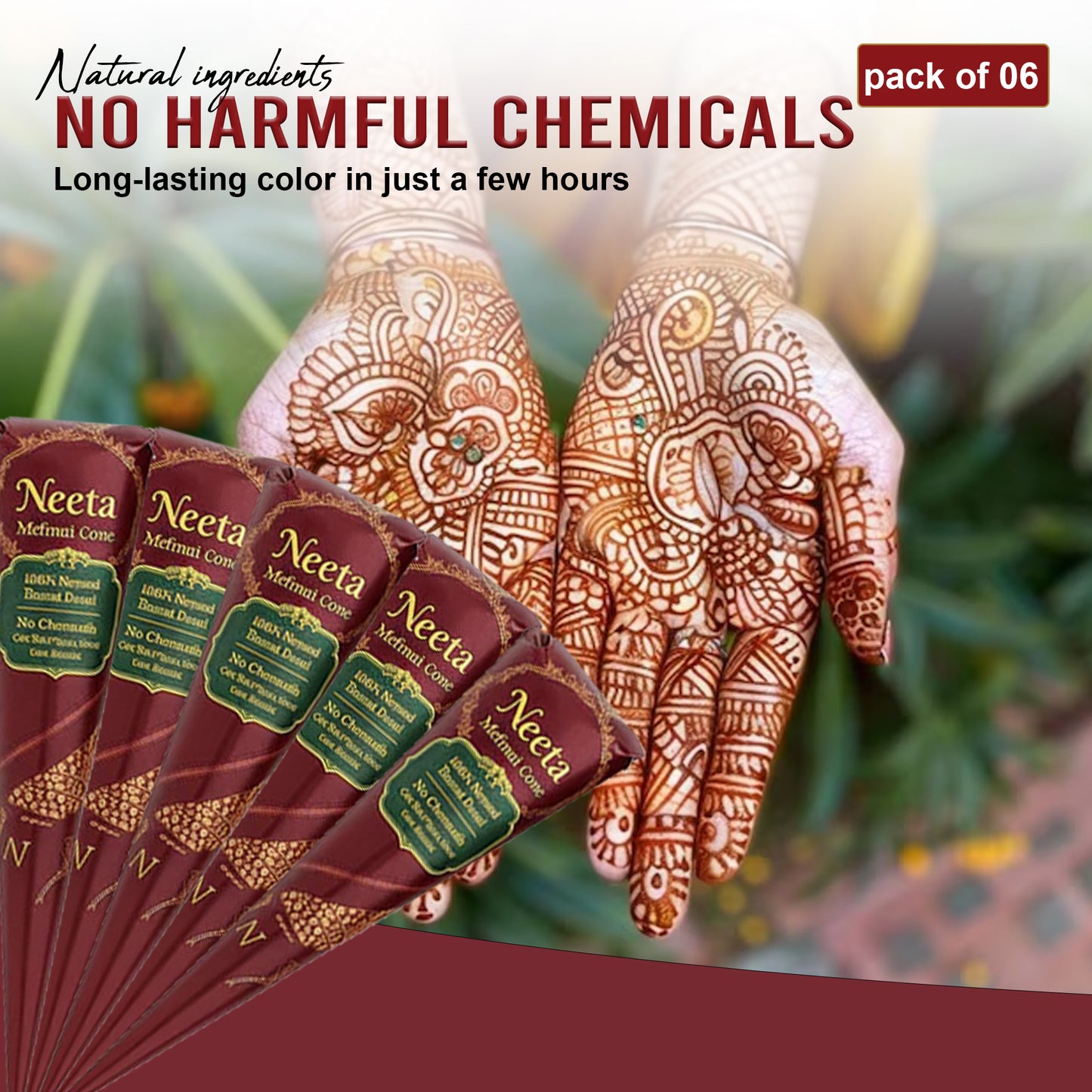 Neeta Mehndi Cones – Set of 6 | 100% Natural Henna | No Chemicals, Safe for Hands & Body