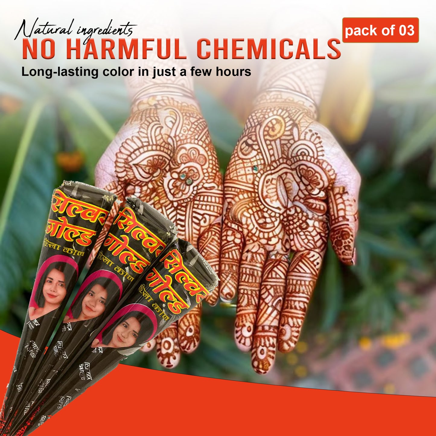 Silver Gold XL Henna Cones – Pack of 3 | Deep Color & Natural Mehandi