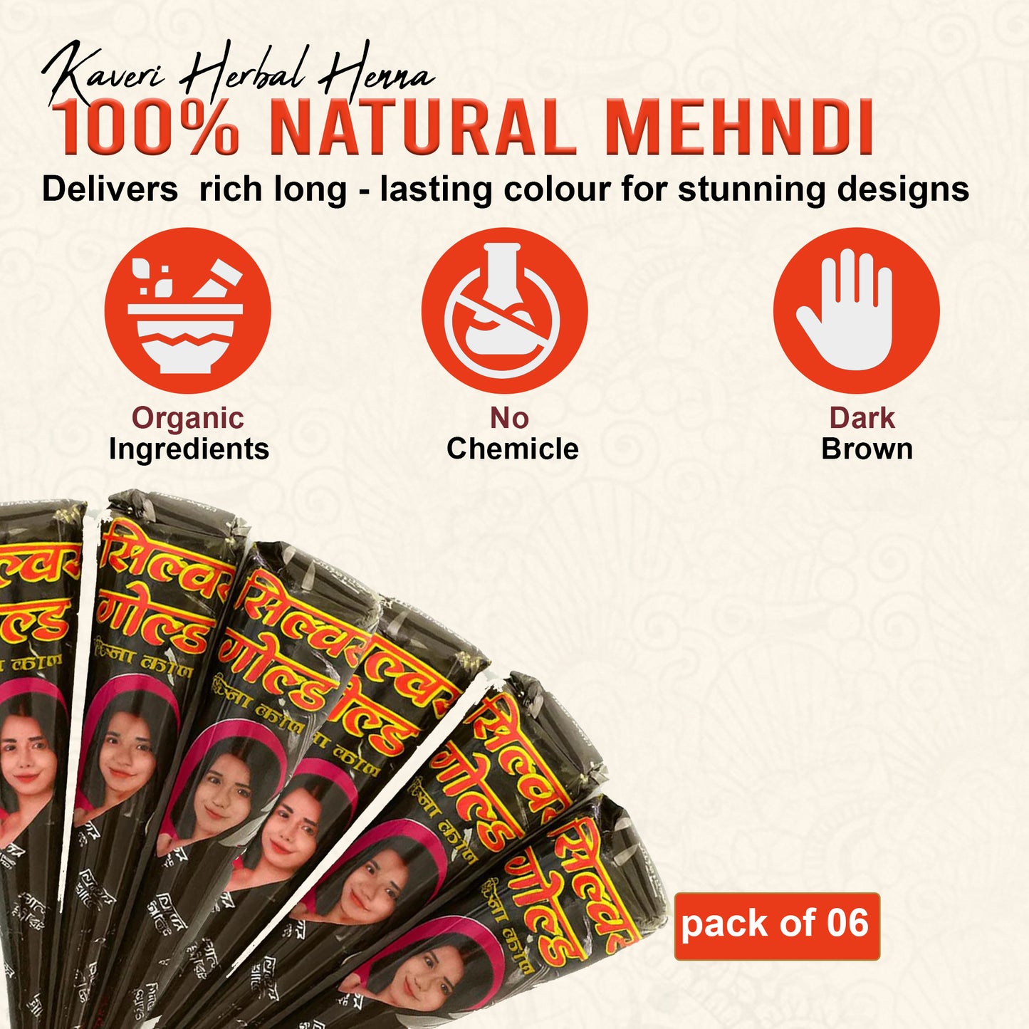 Silver Gold XL Henna Cones – Pack of 6 | Long-Lasting Natural Mehandi